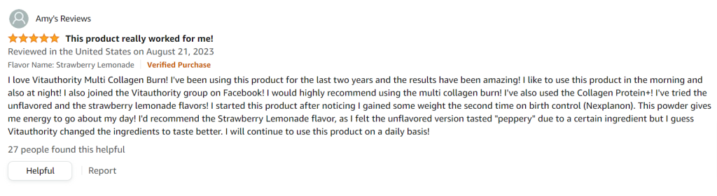 Another Vitauthority Collagen Burn customer review on amazon