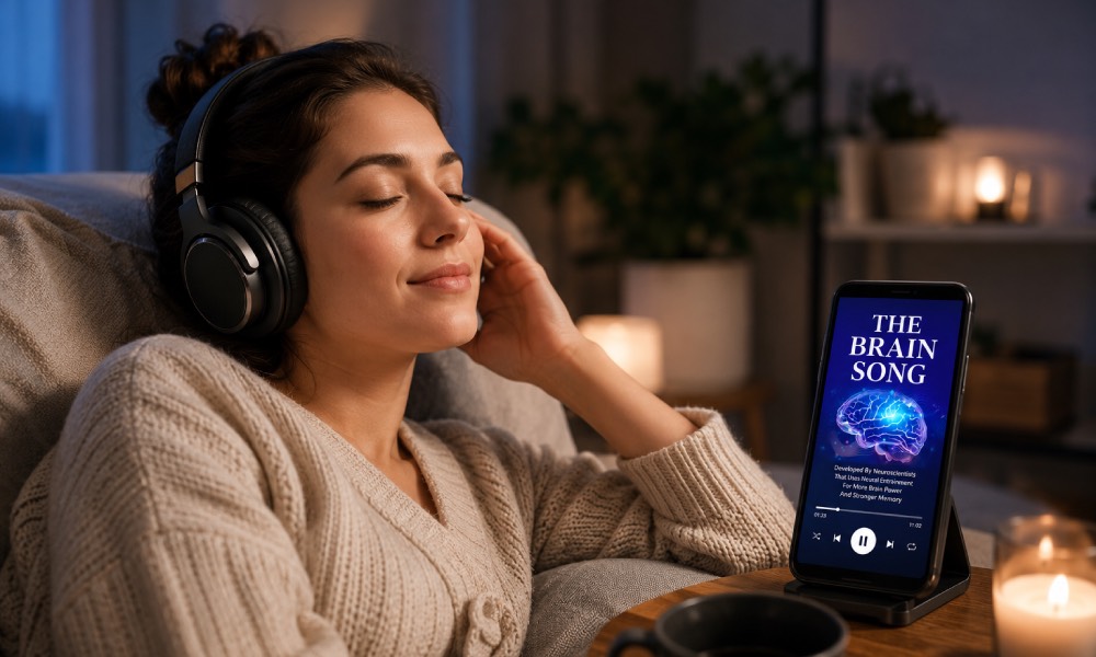 Person relaxing with headphones listening to calming audio at home