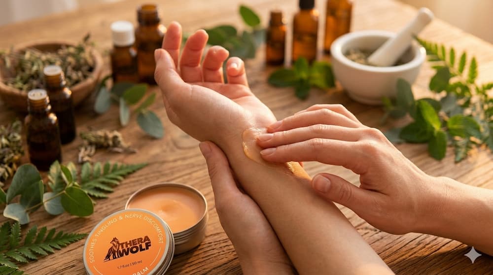TheraWolf Pain Relief Balm application – topical botanical pain relief for joints and muscles