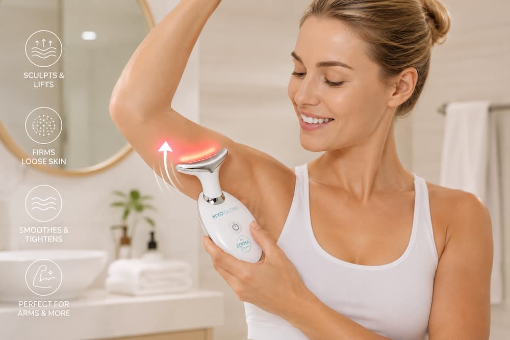 MyoGlow arm lifting device in use – LED light therapy and electroporation treatment on upper arm
