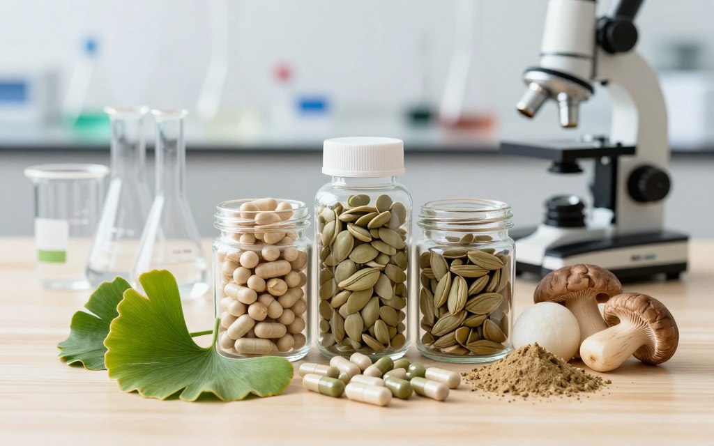 A visually striking composition featuring an array of neuro-enhancing ingredients arranged artistically on a clean, light wood surface. In the foreground, vibrant green leaves representing natural extracts, alongside capsules and powder forms of ingredients like ginkgo biloba, bacopa monnieri, and lion's mane mushroom. In the middle, clear glass jars showcasing the supplements next to a small scientific lab setup with beakers and a microscope, creating a sense of research and innovation. The background is softly blurred, suggesting a modern laboratory environment with bright, natural lighting enhancing the vivid colors of the ingredients. Create an atmosphere of freshness and scientific credibility, evoking a sense of focus and clarity essential for cognitive enhancement.