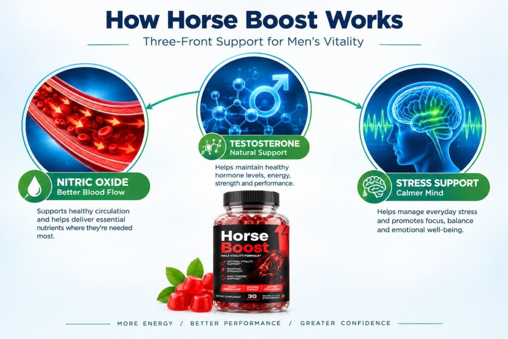 Horse Boost how it works – three-front nitric oxide, testosterone, and stress support mechanism